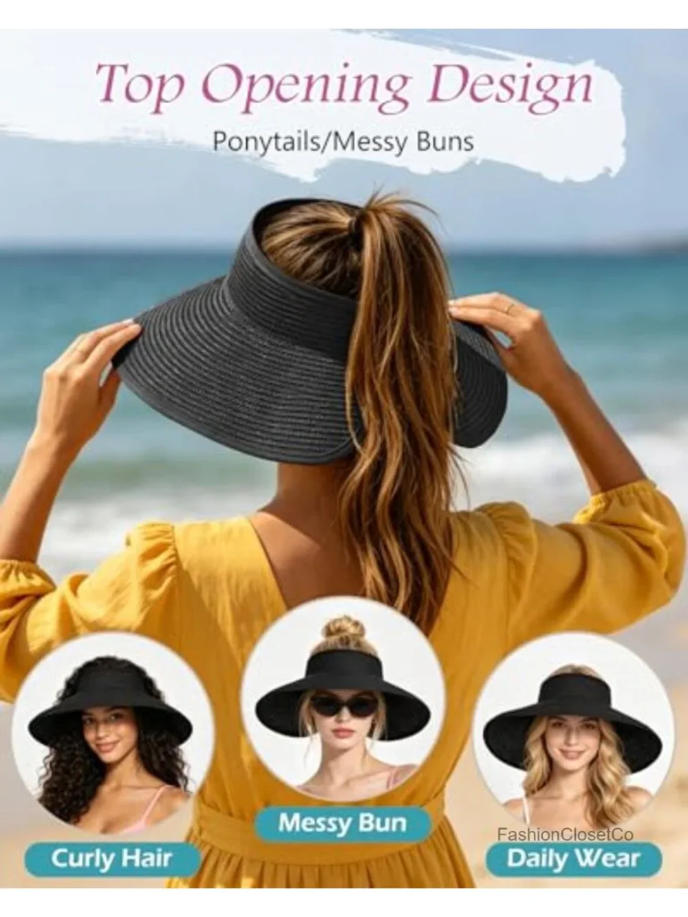 Wide Brim Sun Visor with UV Protection, Adjustable Velcro, Foldable Straw